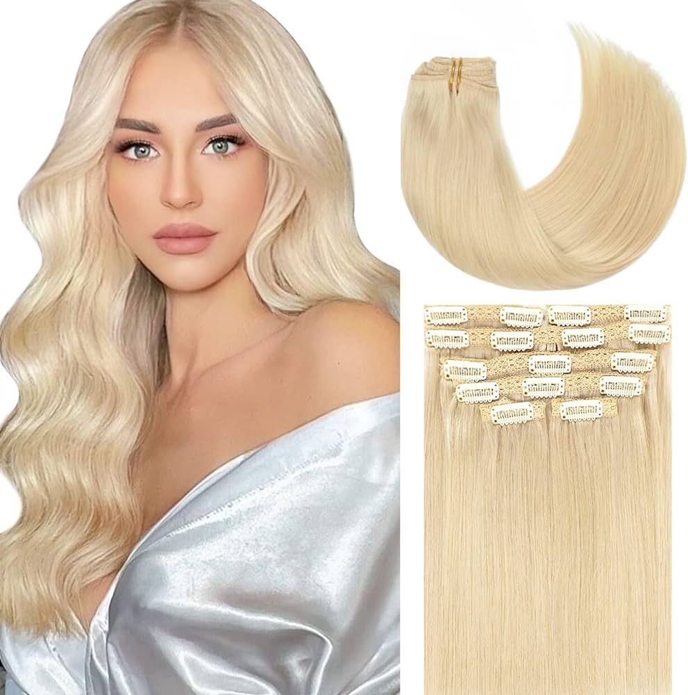 Lacer 22 Inch Full Head Silky Straight 100% Human Hair Clip in Extensions Light Platinum Blond #6... | Amazon (US)