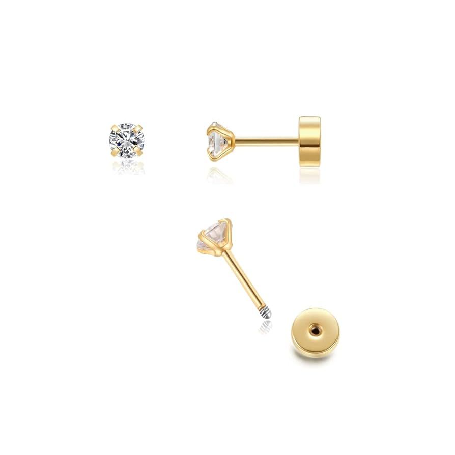 Tiny 2mm CZ Stud Earrings 14K Gold,Flat Screw Back Cubic Zirconia Earrings Helix Earrings Cartila... | Amazon (US)