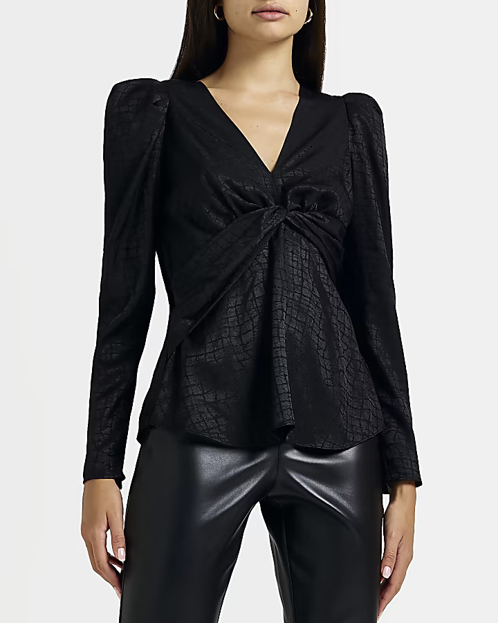 Black satin jacquard twist blouse | River Island (UK & IE)