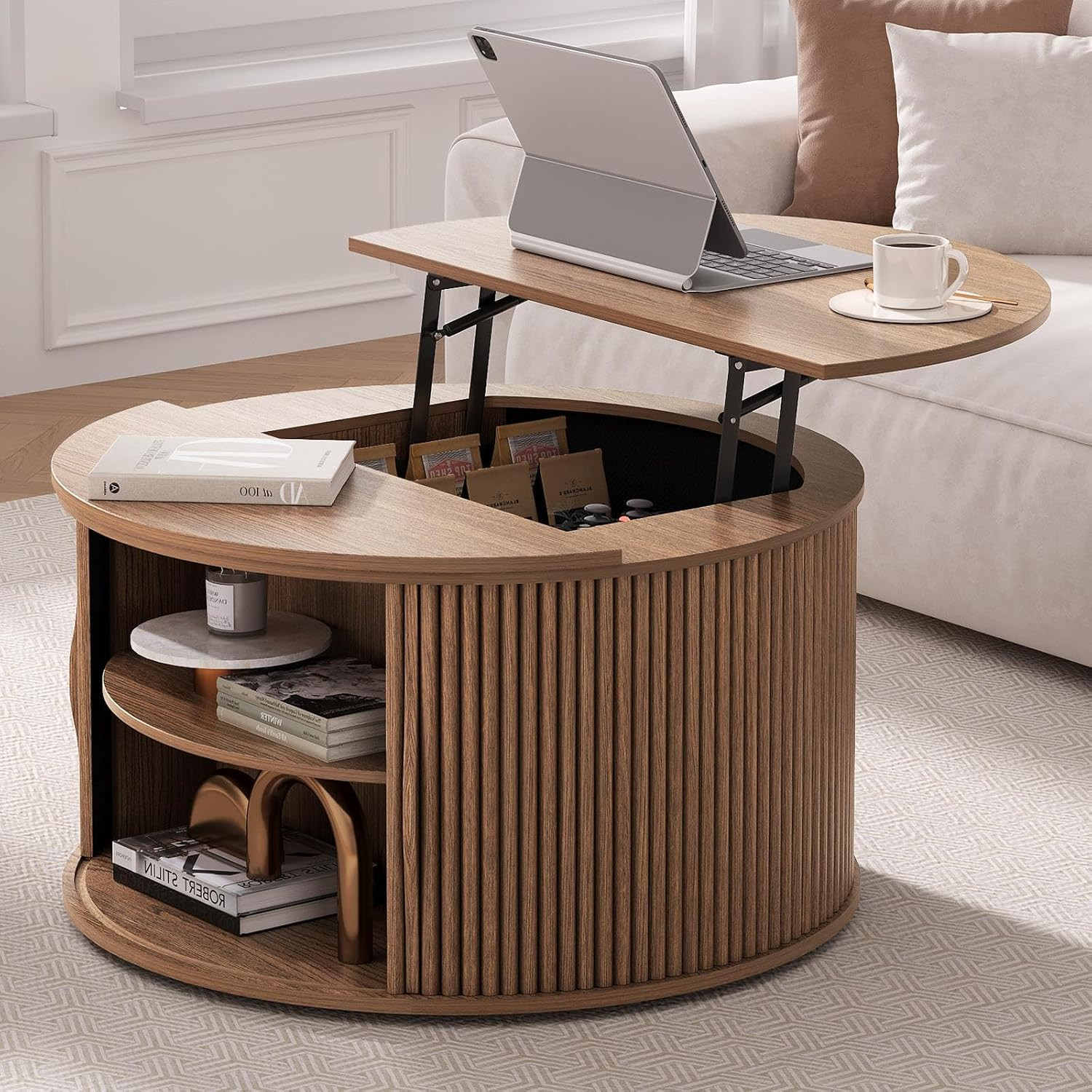 JOINICE Round Lift Top Coffee Table with Storage for Living Room,Walnut | Amazon (US)