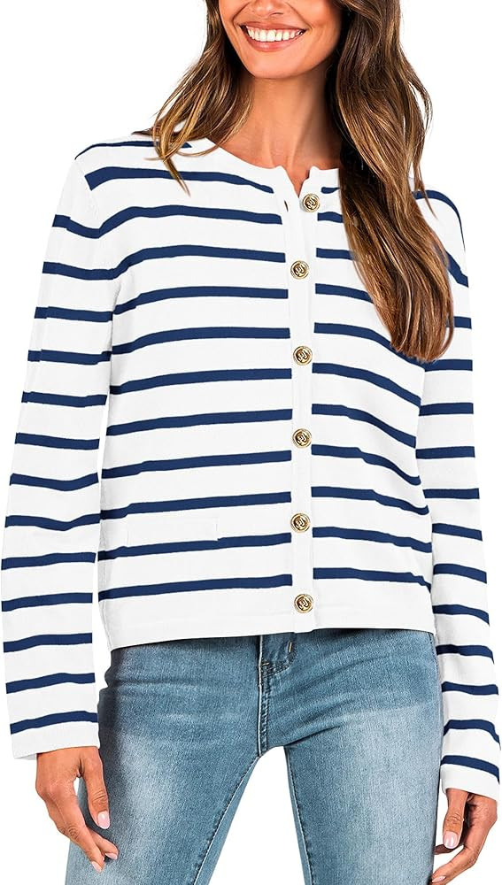 BTFBM Women's Cardigans Sweater 2024 Spring Striped Long Sleeve Button Down Crop Open Front Knit ... | Amazon (US)