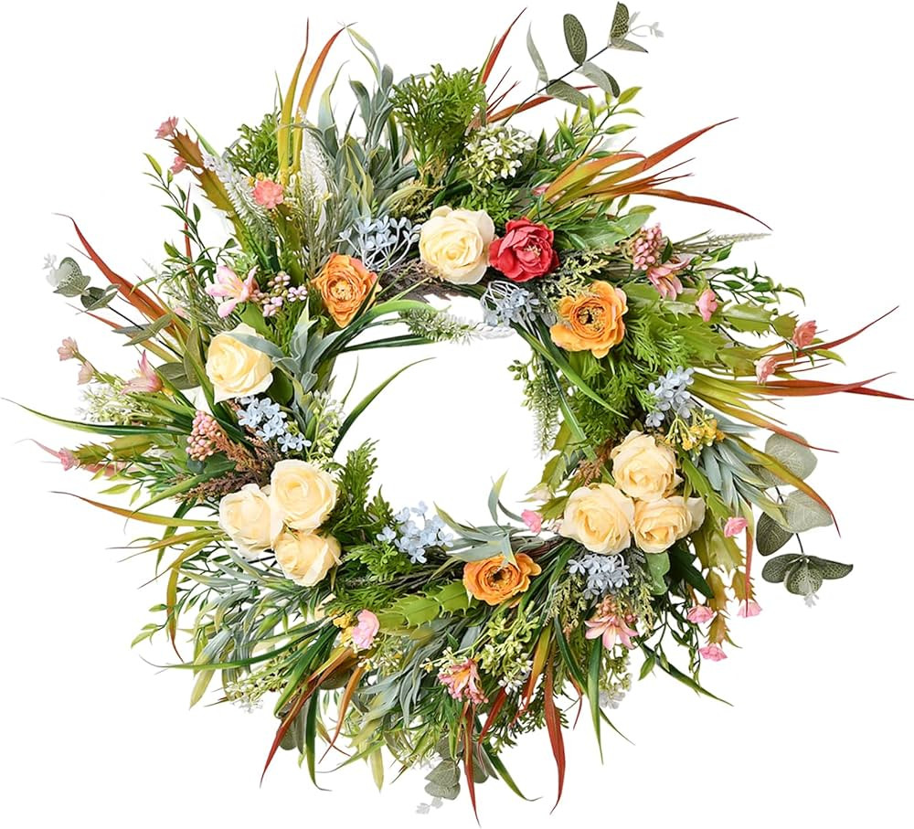 Beinhome 20in Spring Wreath for Front Door - Yellow Rose Lavender Decorated with Small Red Peonie... | Amazon (US)