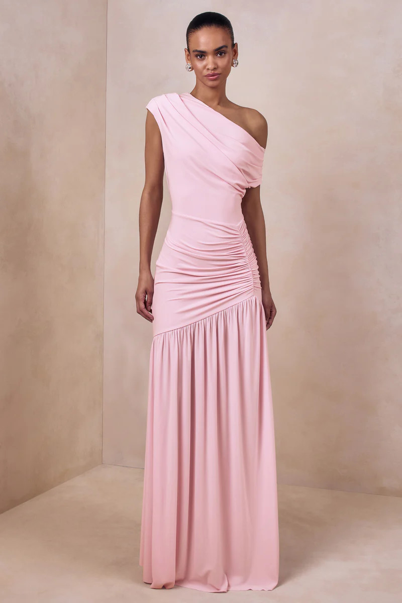 Kady  Pink Asymmetric-Neck Maxi Dress With Ruched Detailing | Club L London