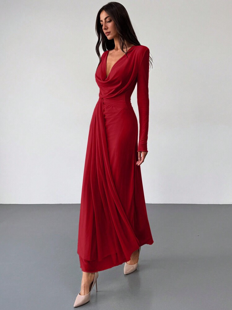 Aloruh Romantico Abito Lungo E Attillato Con Scollo Drappeggiato Profondo E Maniche Lunghe, In Colore Albicocca, Da Indossare Per Occasioni Di Uscita | SHEIN