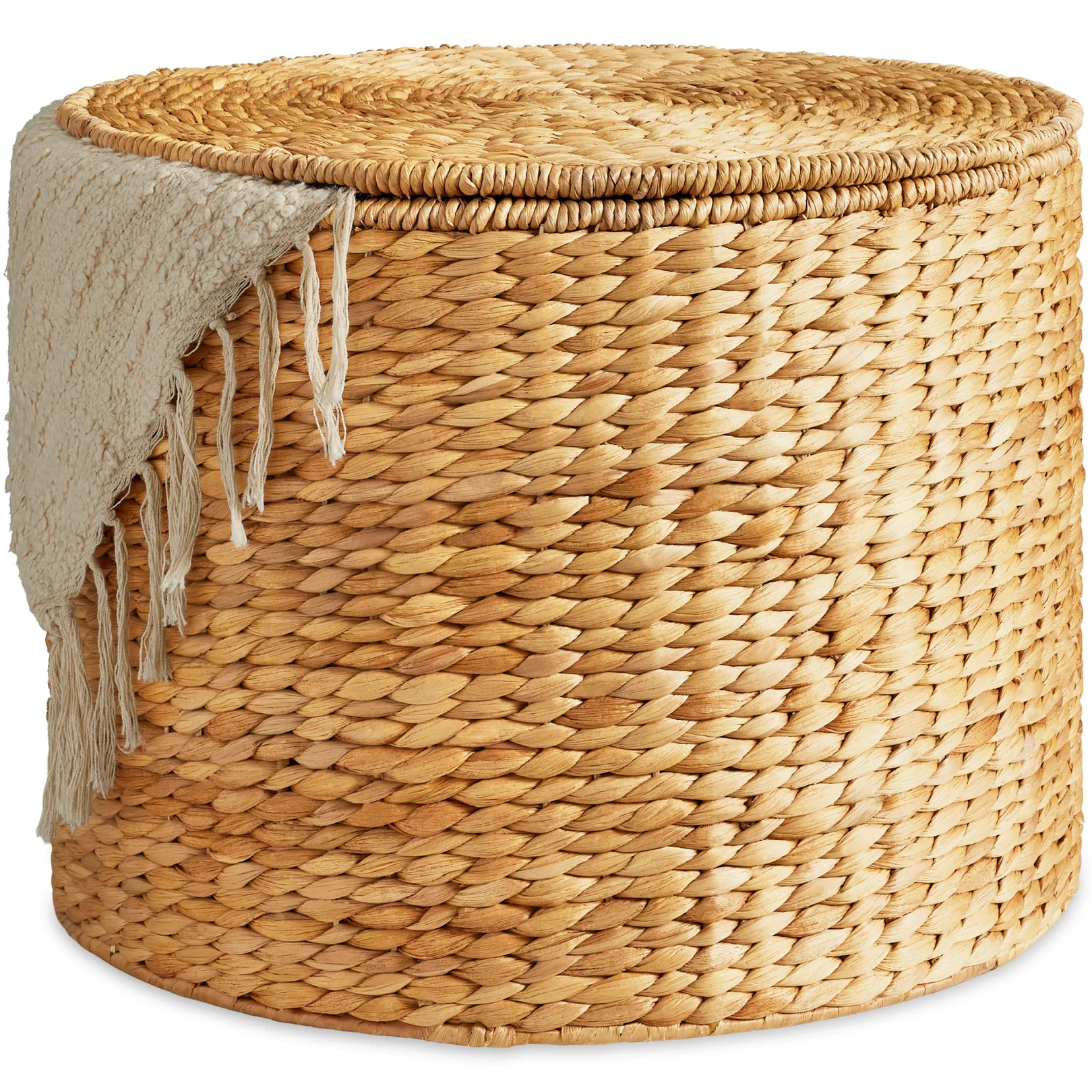 Large Round Storage Ottoman W/ Lid, Handwoven Water Hyacinth Footstool | Best Choice Products 