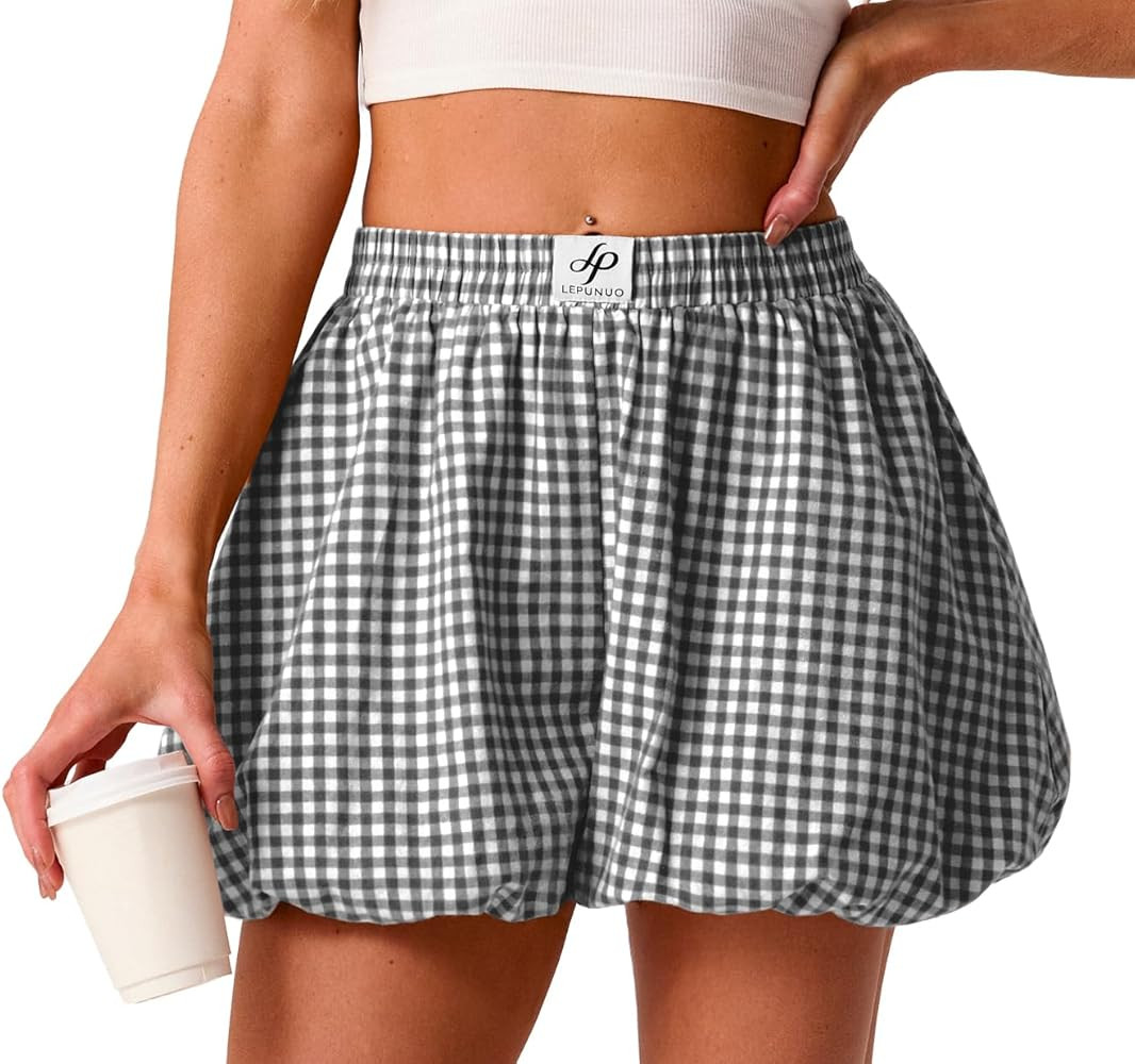 Lepunuo Bubble Boxer Shorts for Women Summer Gingham Pajamas Plaid Shorts Y2K Beach Vacation Bott... | Amazon (US)