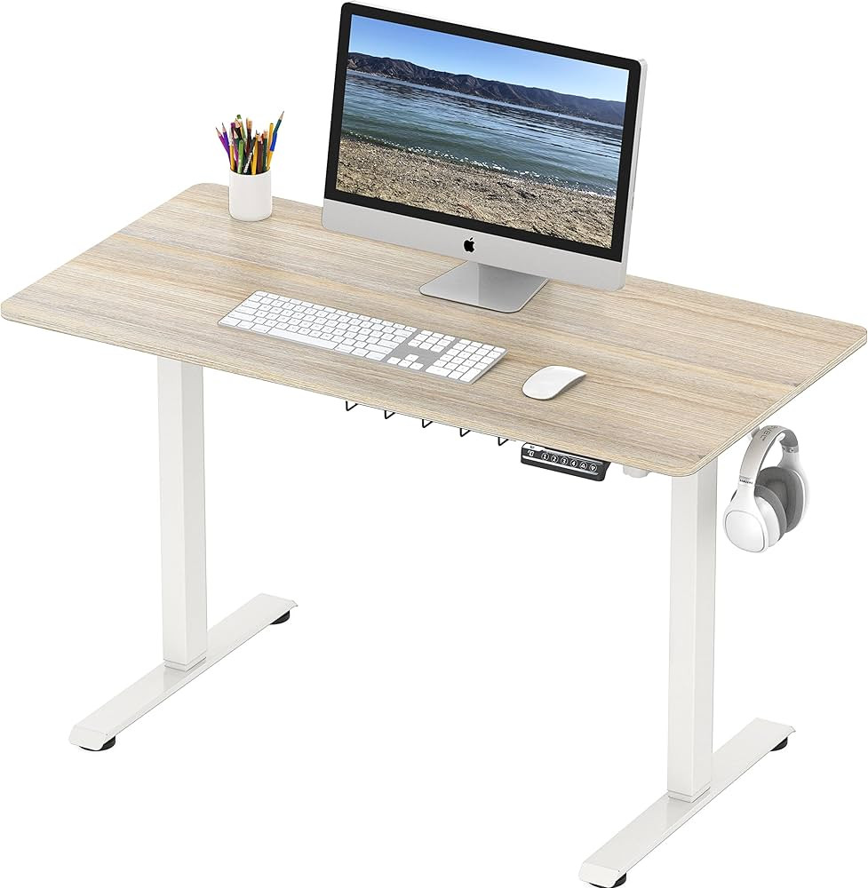 SHW Height Adjustable Standing Desk, 48 x 24 Inches, White Frame and Maple Top | Amazon (US)