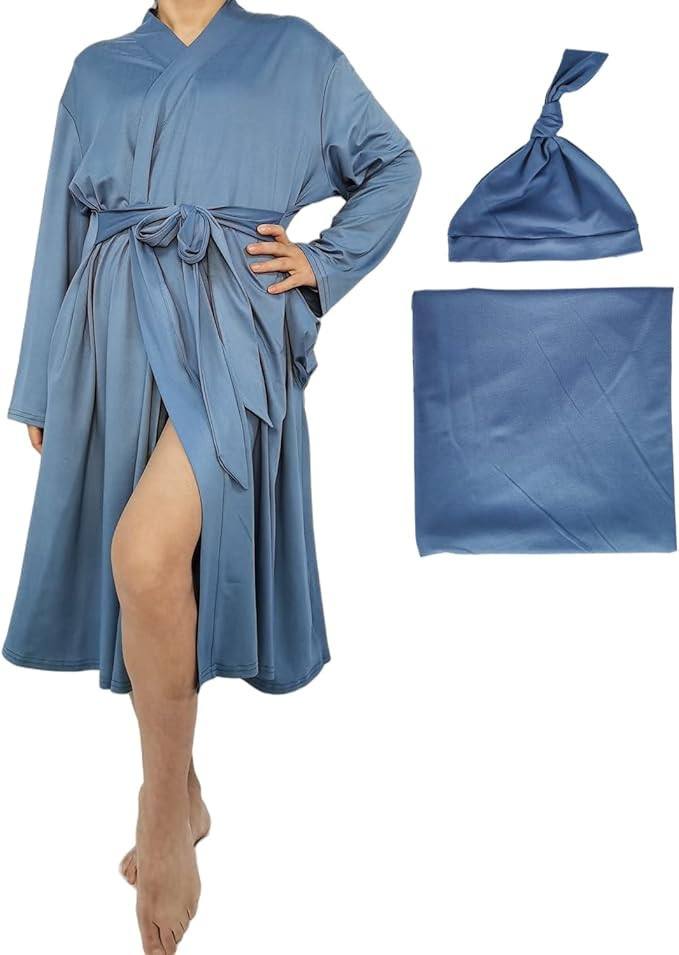 SUFEINI Maternity Robe and Matching Baby Swaddle Blanket Set, Mommy Robe with Receiving Blanket G... | Amazon (US)