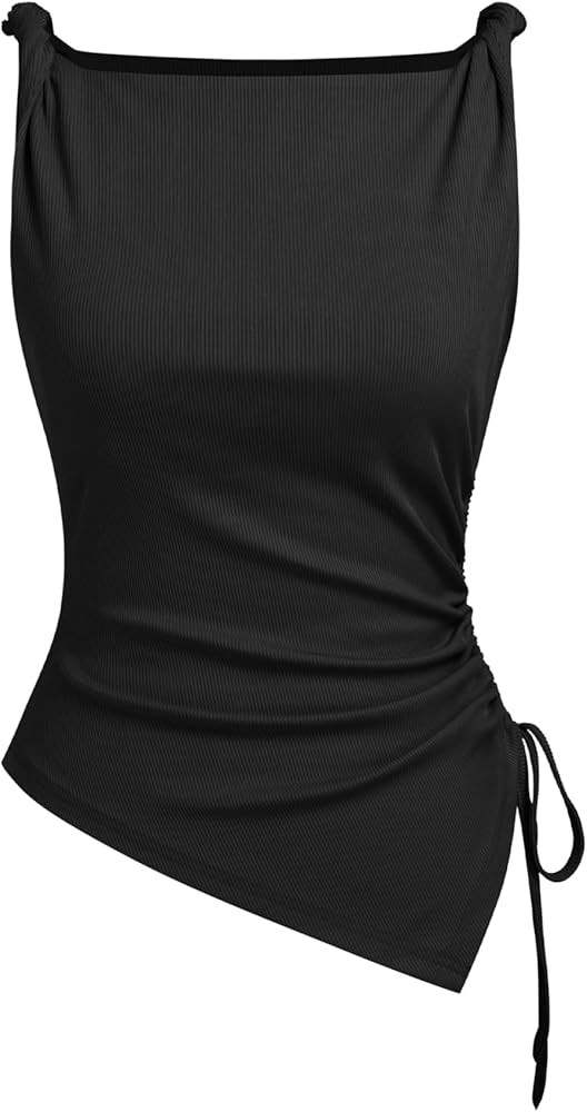 CIDER Womens Going Out Tops Ruched Sleevelss Boat Neck Asymmetrical Hem Summer Club Crop Tank Top... | Amazon (US)