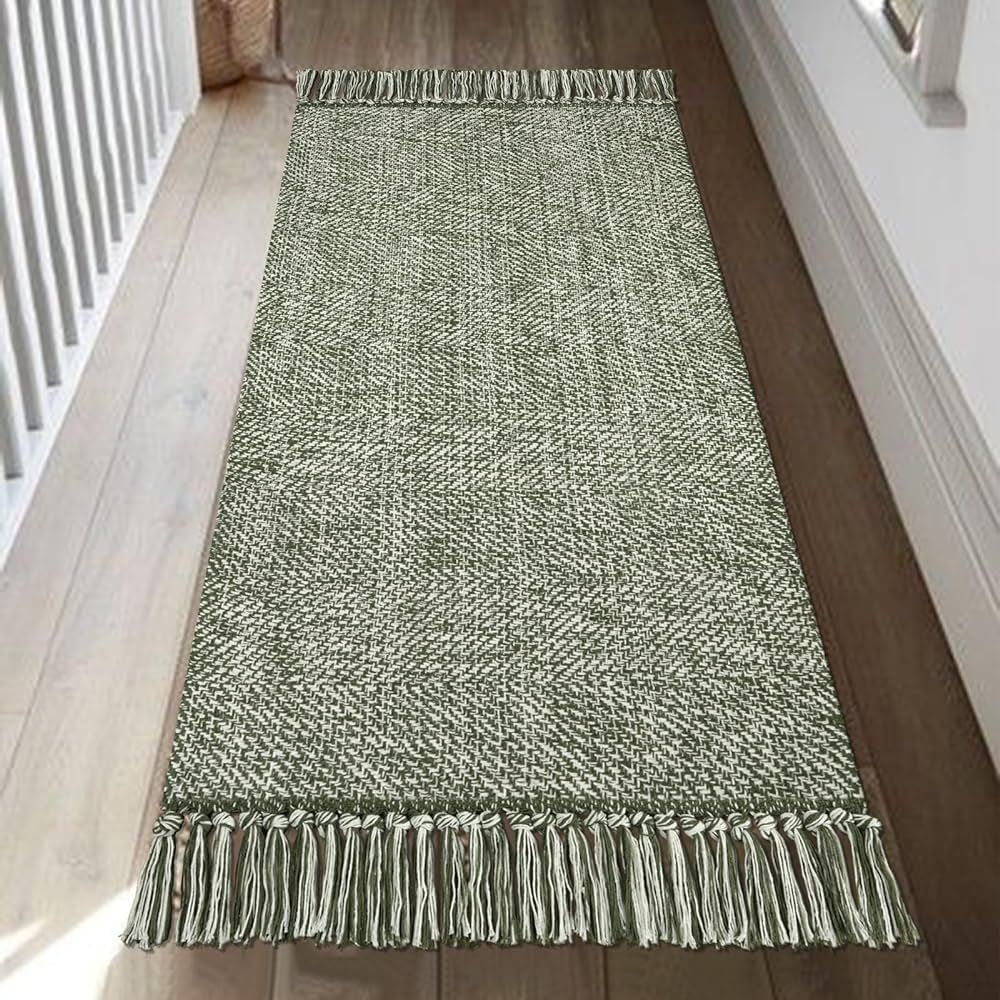 Collive Kitchen Runner Rug, 2' x 4.3' Hand-Woven Reversible Washable Rug, Olive Green/Cream Cotto... | Amazon (US)