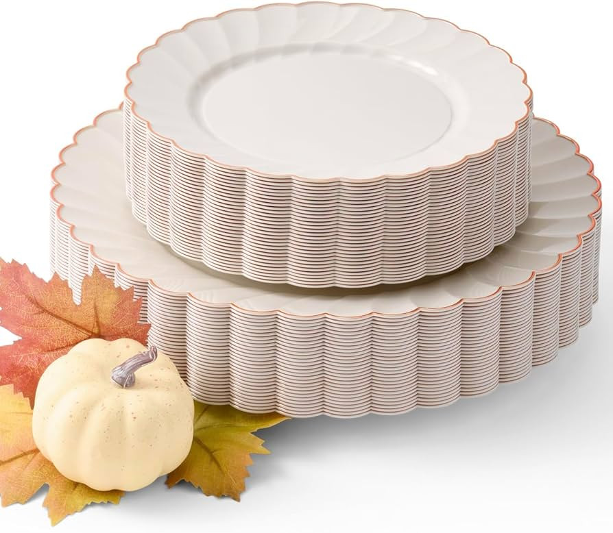 By Madee HEAVYWEIGHT 60 PC Scalloped Ivory and Rose Gold Plates for Thanksgiving Dinner | Fall Pl... | Amazon (US)