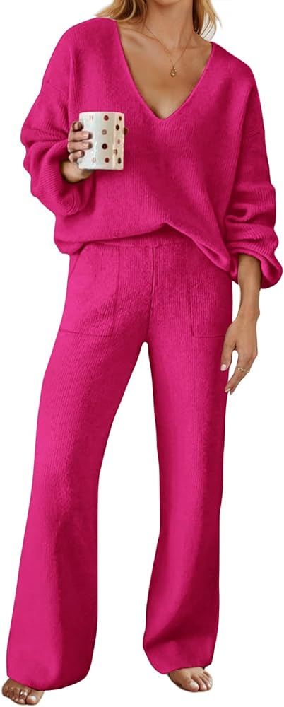 MEROKEETY Women's 2 Piece Outfits Long Sleeve V Neck Knit Pullover Tops and Wide Leg Pant Lounge ... | Amazon (US)