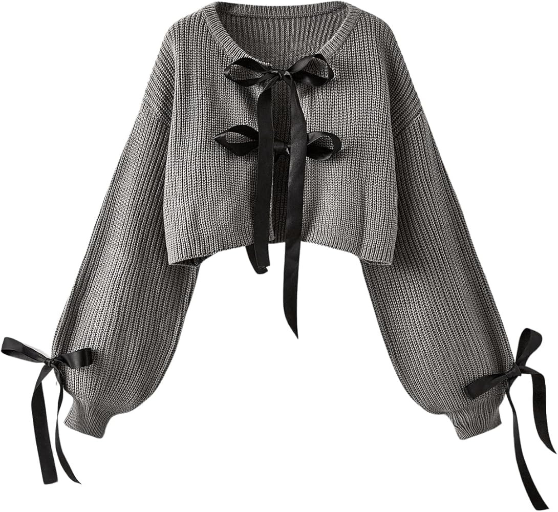 Verdusa Women's Bow Tie Cropped Cardigan Knot Long Sleeve Knit Cute Cream Cardigan Sweaters Trend... | Amazon (US)