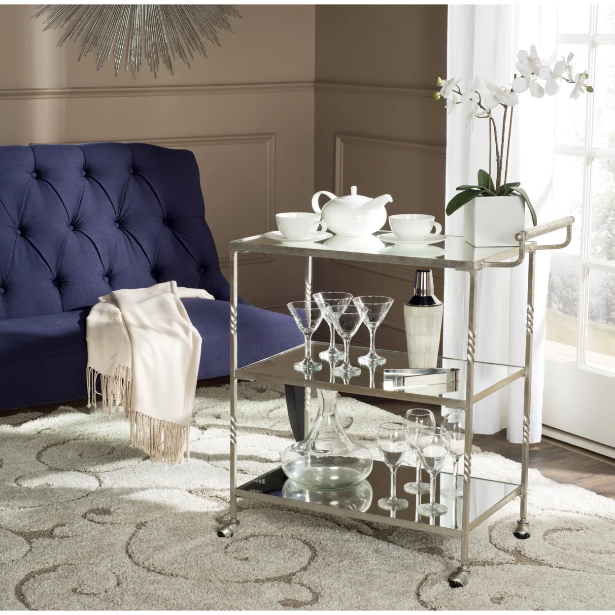 SAFAVIEH Aurelius 3-Tier Bar Cart with Handle and Casters, Silver/Mirror | Walmart (US)