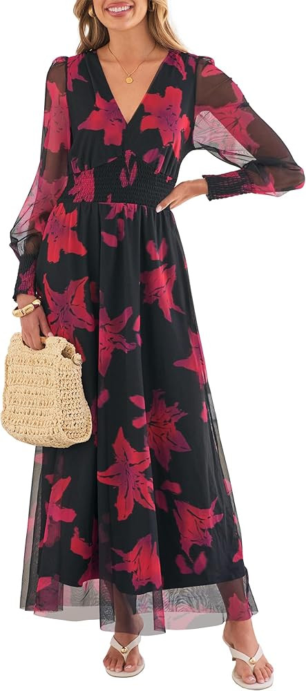 ANRABESS Women's Floral Maxi Dress 2025 Fall V Neck Puff Long Sleeve Flowy Casual Wedding Guest T... | Amazon (US)