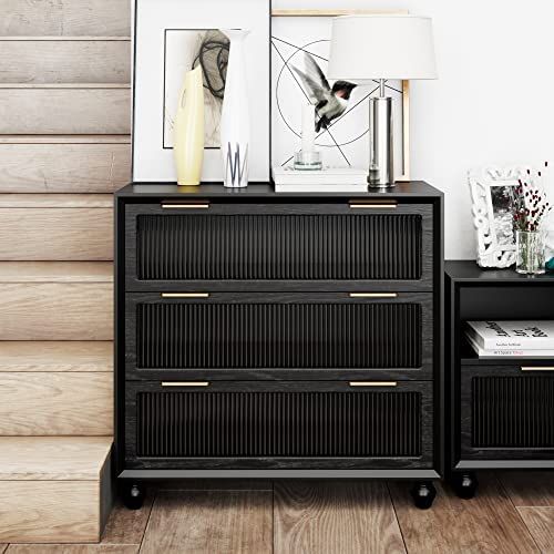 LONYKE 3 Drawer Dresser, Reeded Glass Front Modern Drawer Chest, Storage Wood Dresser Nightstand ... | Amazon (US)