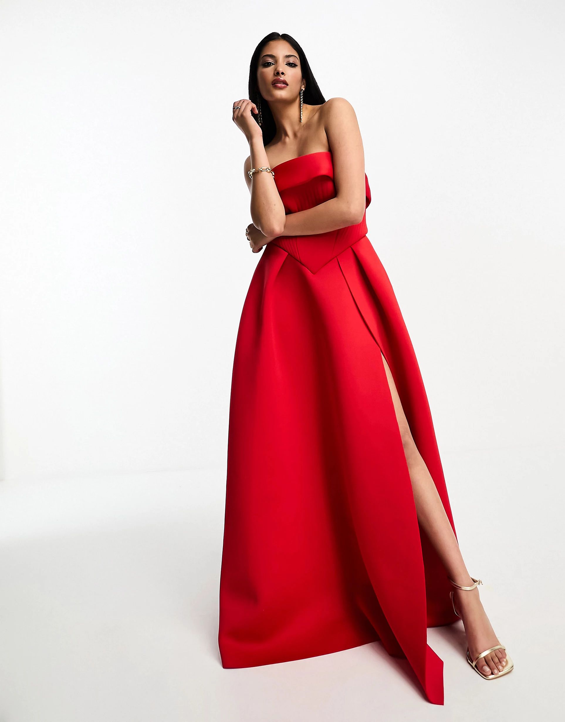 ASOS DESIGN bandeau corset structured skirt maxi dress in red | ASOS (Global)