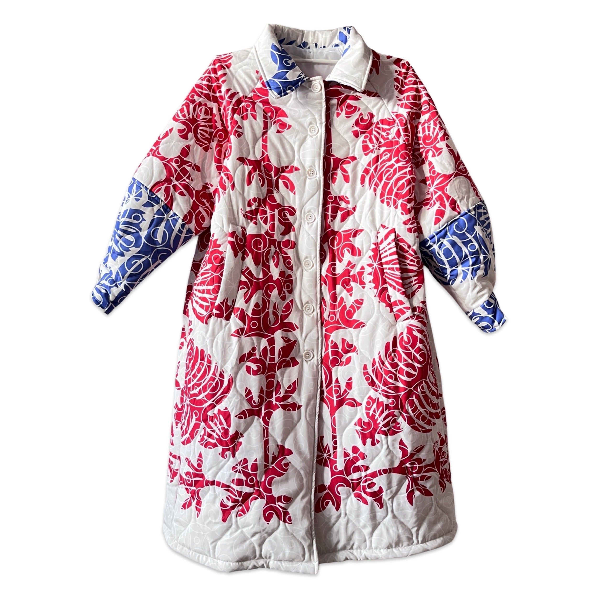 White Long Quilted Puffer Jacket With Floral Pattern | Wolf & Badger (US)