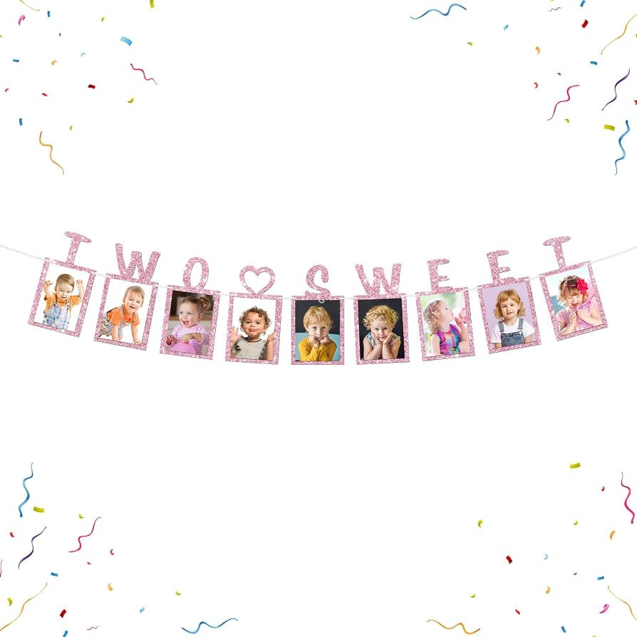WeBenison Two Sweet Photo Banner Girls 2nd Birthday Paper Photo Sweet 2nd Anniversary Bunting Dec... | Amazon (US)