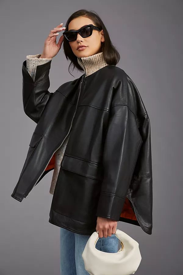 Deadwood Ava Oversized Leather Jacket By Deadwood in Black Size S | Anthropologie (US)