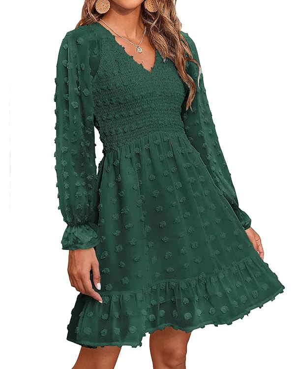BTFBM Women V Neck Smocked Short Dress Long Sleeve Flowy Casual Swiss Dot Ruffle Chiffon Mini Sum... | Amazon (US)