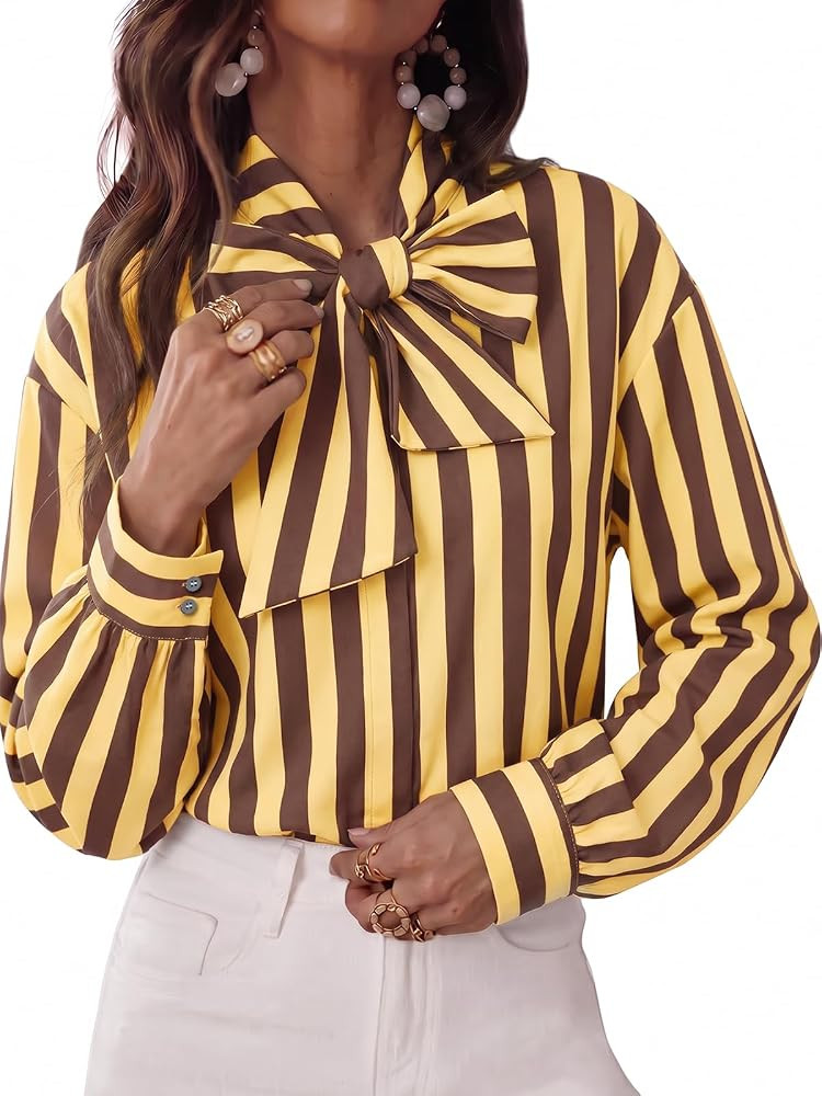 Tankaneo Womens Striped Button Down Shirts Bow Tie Neck Long Sleeve Tops | Amazon (US)