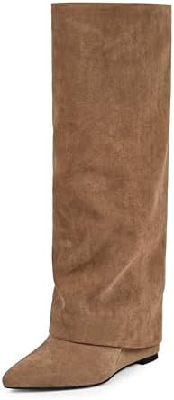 Modatope Knee High Boots Women Fold Over Boots Wedge Heel Slouchy Tall Boots Zipper Pointed Toe D... | Amazon (US)