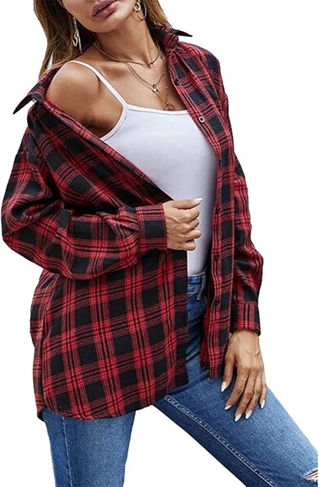 Zontroldy Womens Flannel Plaid Shirt Button Down Long Sleeve Casual Oversized Blouse Tops | Amazon (US)