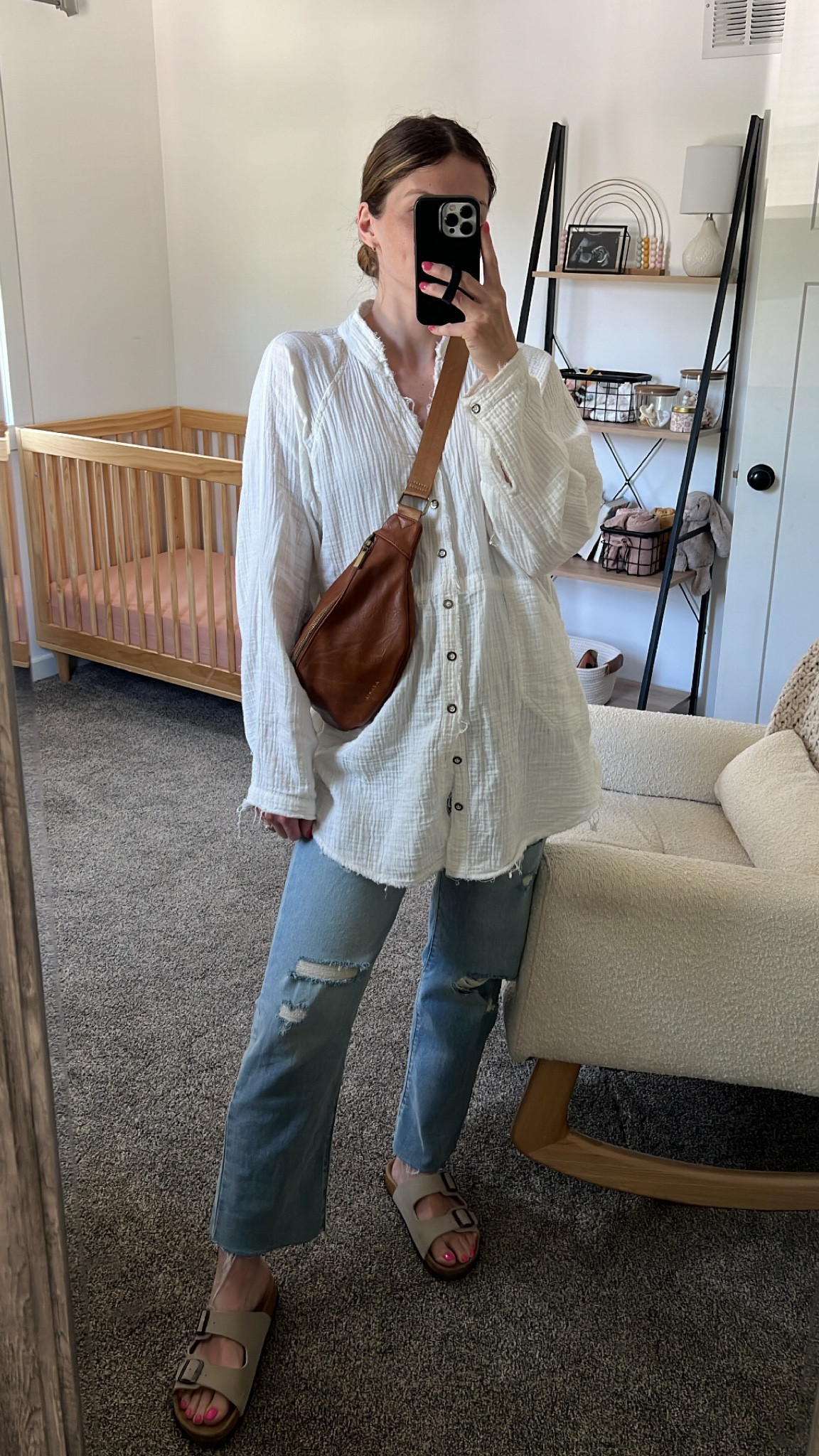 wearing small in top, fits oversized & bump friendly 
maternity jeans tts & so comfy 
normally an 8/8.5 & grabbed an 8.5 in this sandals, love how they fit 

#LTKbump #LTKshoecrush