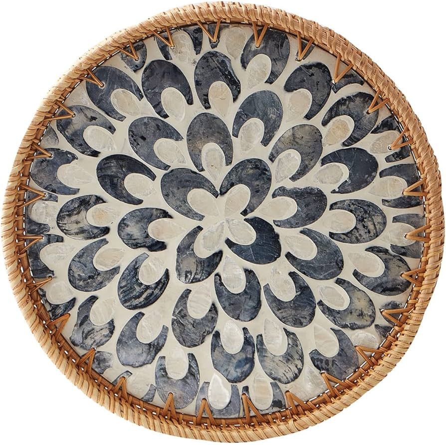 Round Rattan Tray with Mother of Pearl Inlay, Rattan Serving Tray with Wooden Base, Decorative Wicker Basket for Table Decor, Storage and Display of Coffee Bread Food Fruit (Plume) | Amazon (US)