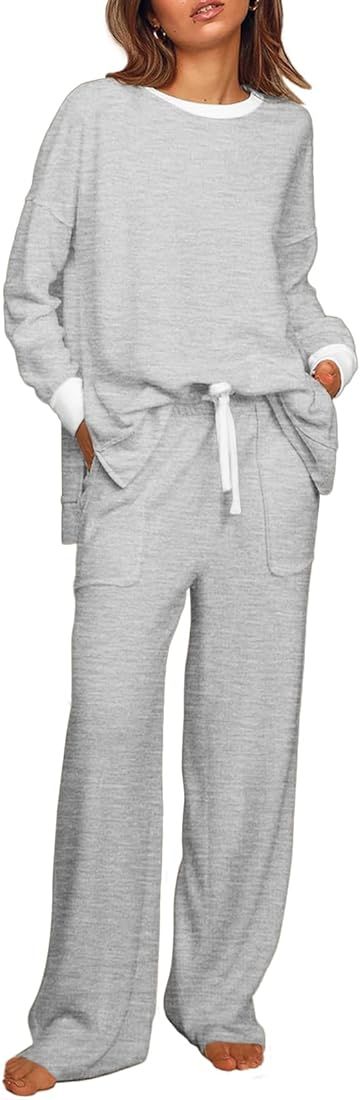 Lounge Sets for Women 2 Piece Outfits with Side Split Sweatshirt Tops and Wide Leg Sweatpants | Amazon (US)