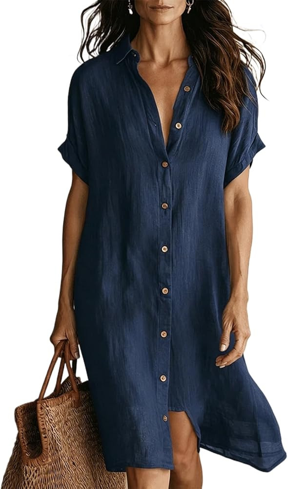 ZOCAVIA Short Sleeve Shirt Dress for Women 2026 Summer V Neck Button Down Casual Loose Flowy Beac... | Amazon (US)