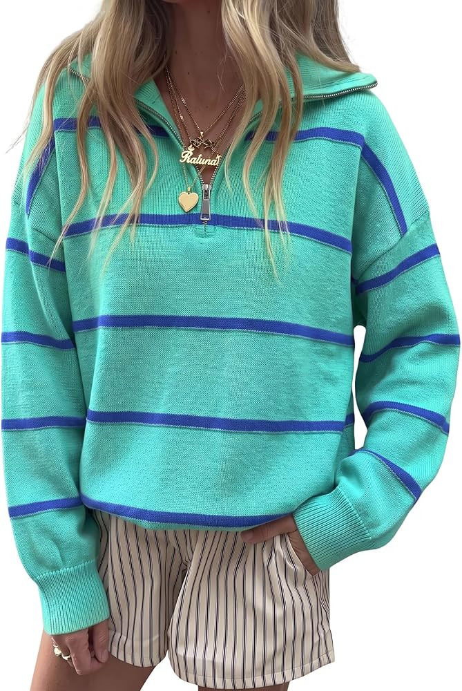 Fisoew Womens Quarter Zip Striped Sweater Oversized Turtleneck Pullover Top | Amazon (US)