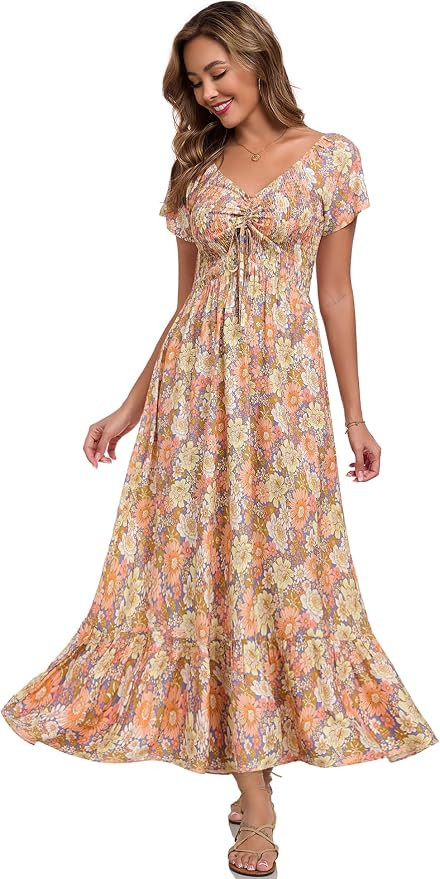 Summer Floral Smocked Maxi Dress for Women 2026 Casual Flowy Tiered A Line Boho Beach Party Long ... | Amazon (US)