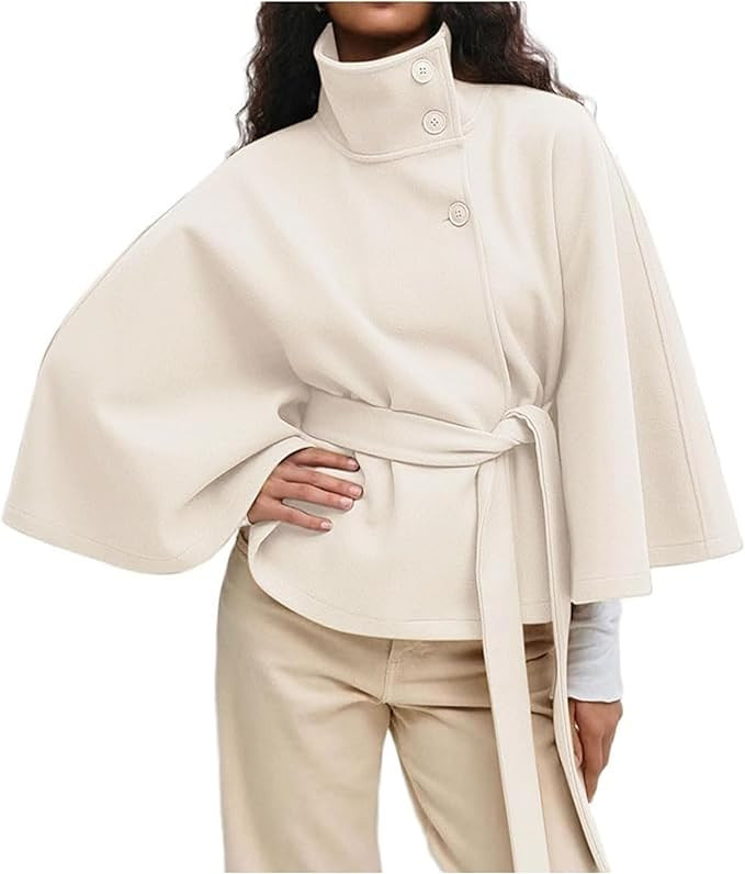 OPCAKM Women's Batwing Sleeve Poncho Coat Oversized Winter Pea Coat Stand Collar Cropped Cape Jac... | Amazon (US)