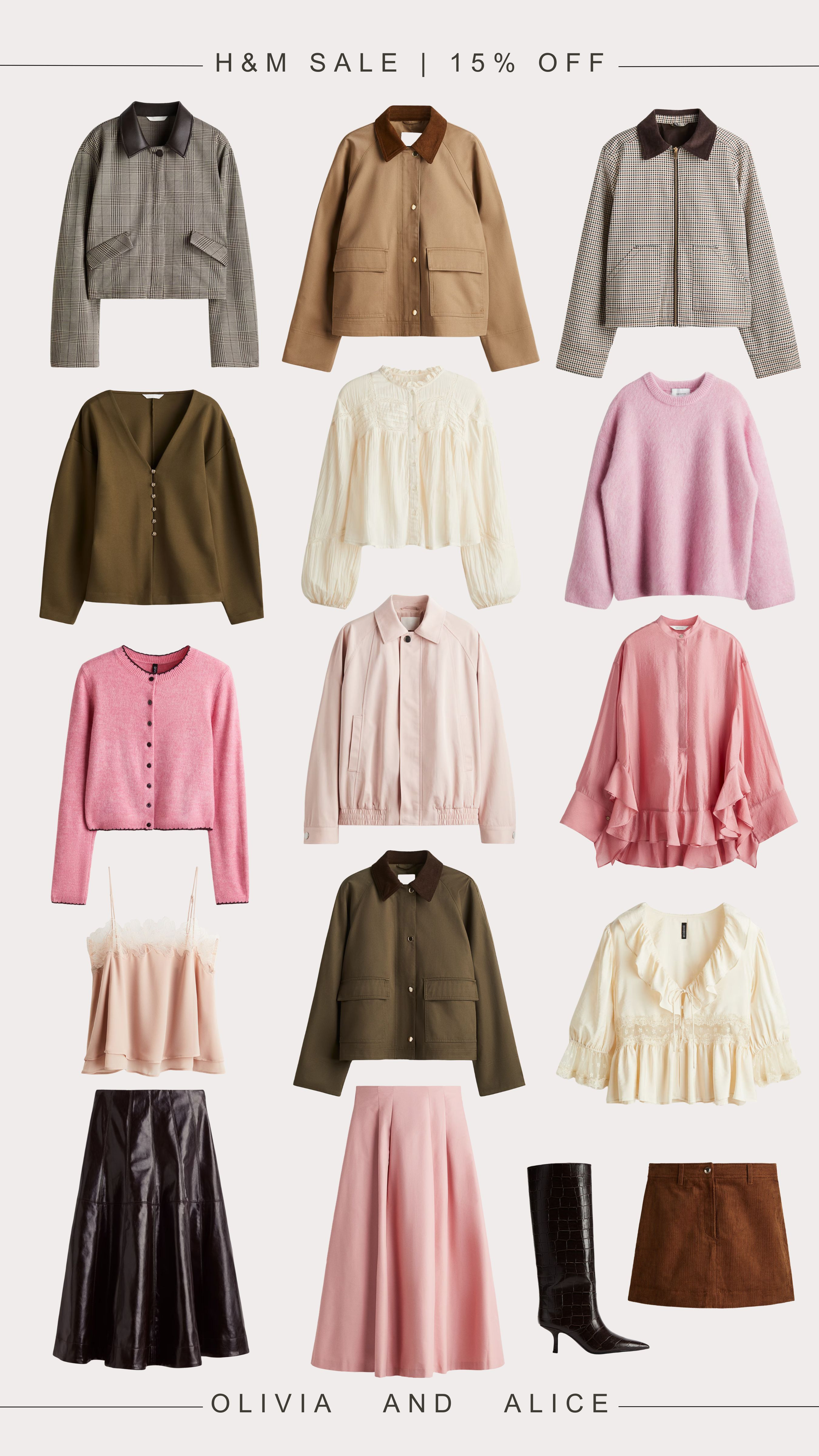 Our picks from the H&M member's sale 🩷 15% off for members until 9am tomorrow ✨

Sale, haul, pink, brown, autumn, summer to autumn, canvas jacket, Barbour jacket, lace blouse, boho, maxi skirt, pleated skirt, leather skirt, suede skirt, knitted jumper, silk cami 

 #LTKsummer #LTKautumn #LTKsale