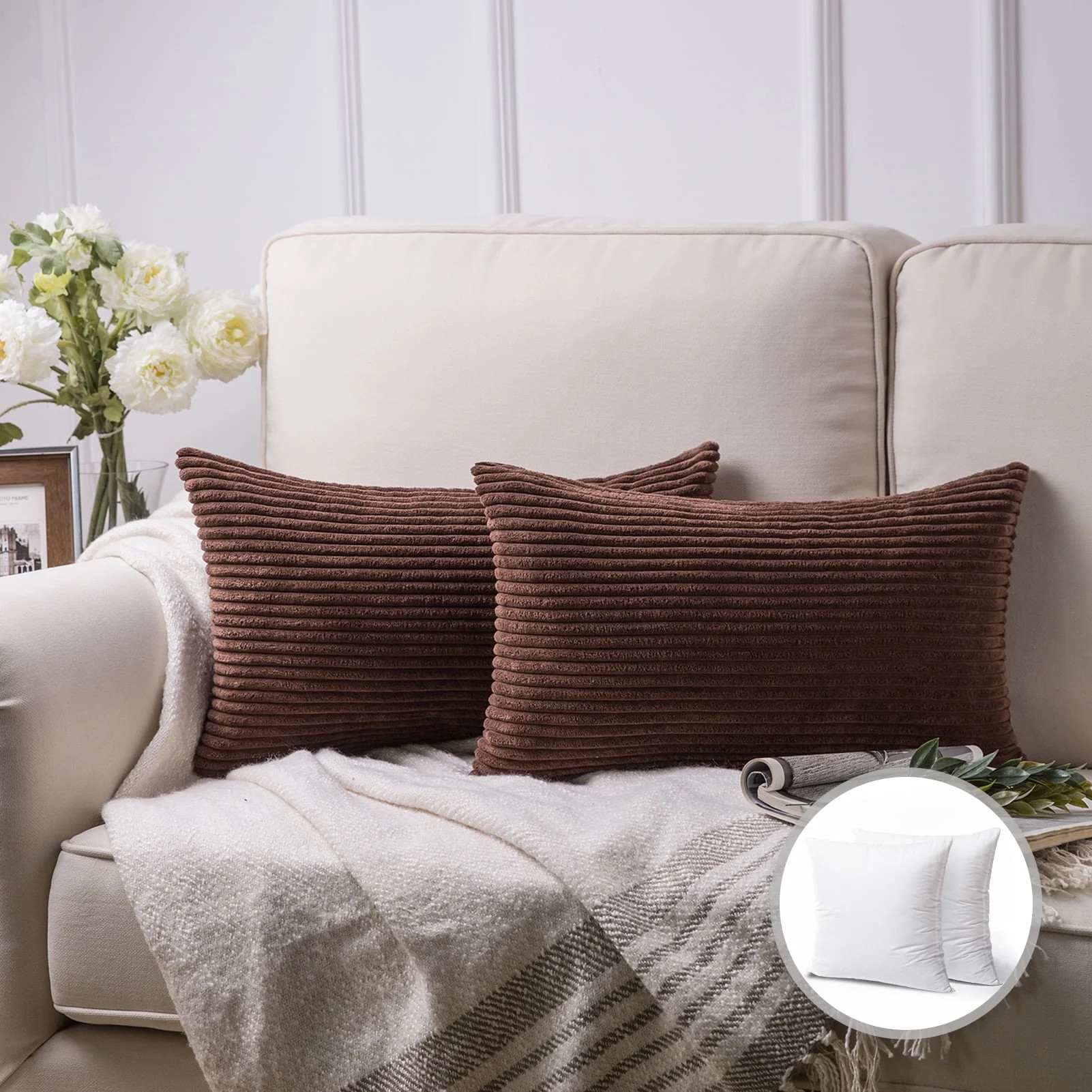 Phantoscope Soft Corduroy Striped Velvet Series Decorative Throw Pillow, 12" x 20", Brown, 2 Pack | Walmart (US)