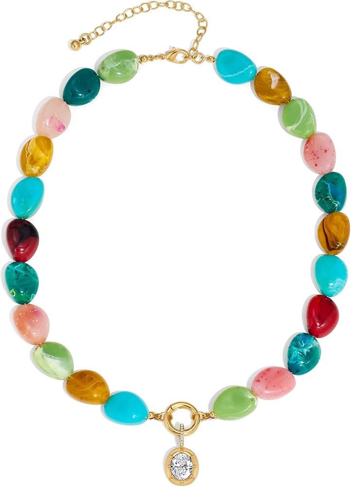 Multicolor Irregular Beaded Necklace for Women Chunky Resin Oval Bead Choker with Cubic Zirconia ... | Amazon (US)