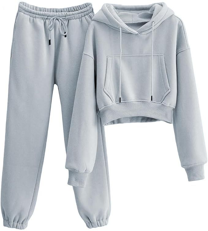 VATEAMI Womens Fleece 2 Piece Outfits Sweatsuit Crop Hooded Pullover Sweatshirt Top Jogger Sweatp... | Amazon (US)