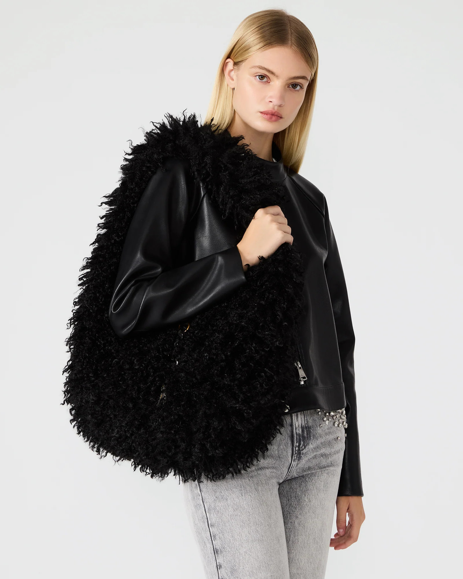 ICONIC Bag Black Faux Fur Slouchy Shoulder Strap Tote Handbag | Steve Madden (US)