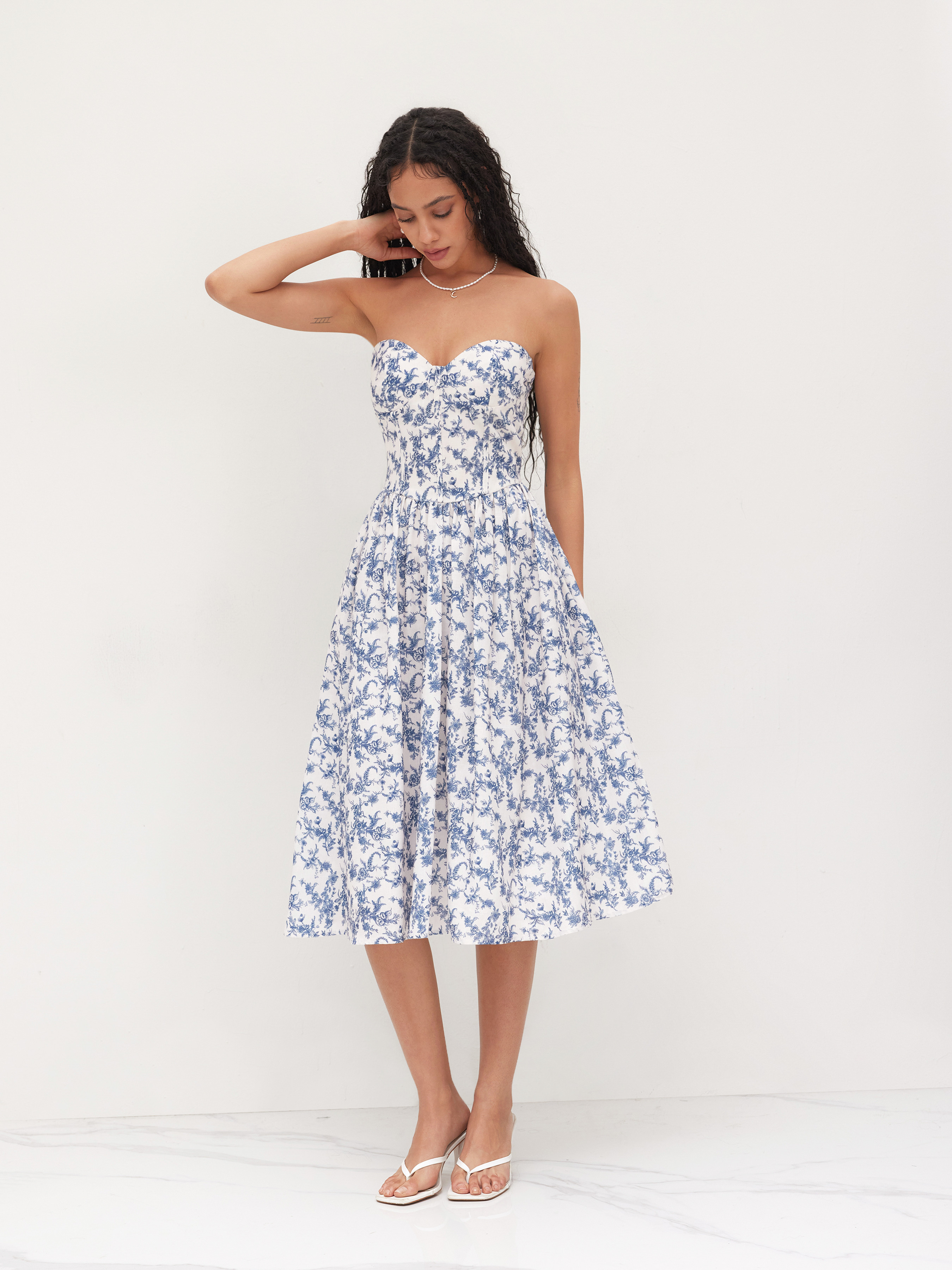Woven Bandeau Ditsy Floral Ruffle Midi Dress For Daily Casual | Cider