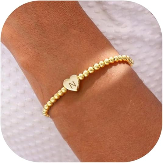Beaded Bracelets for Women Dainty Beaded Heart Initial Bracelets Letter A-Z Charm Stretch Bead Ba... | Amazon (US)