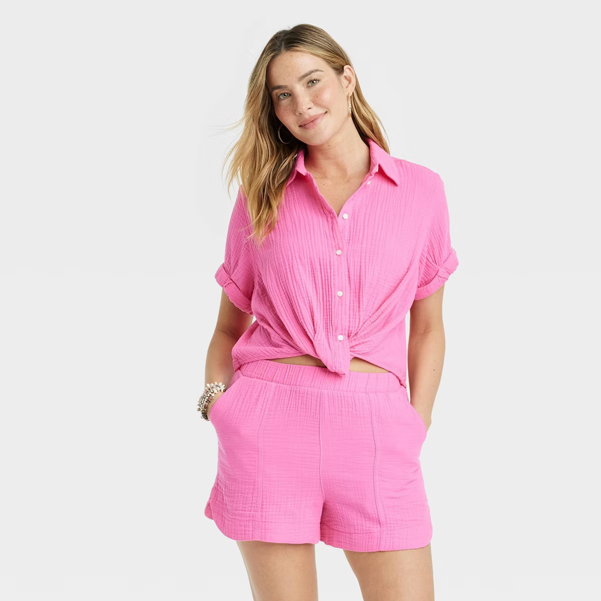 Women's Short Sleeve Collared Twist-Front Button-Down Shirt - Universal Thread™ Pink M | Target