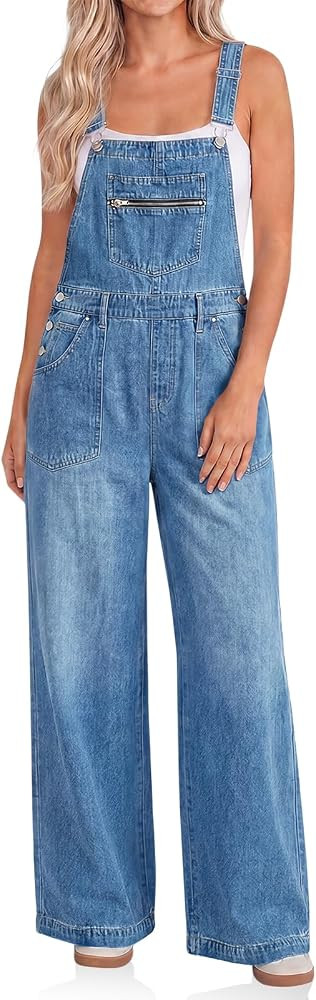 Womens Casual Denim Overalls Loose Fit Zipper Bib Adjustable Straps Jean Jumpsuits With Pockets | Amazon (US)