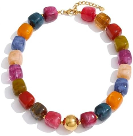 Mchic Colorful Beaded Choker Necklace for Women: Boho Large Square Acrylic Beaded Necklace Stainl... | Amazon (US)