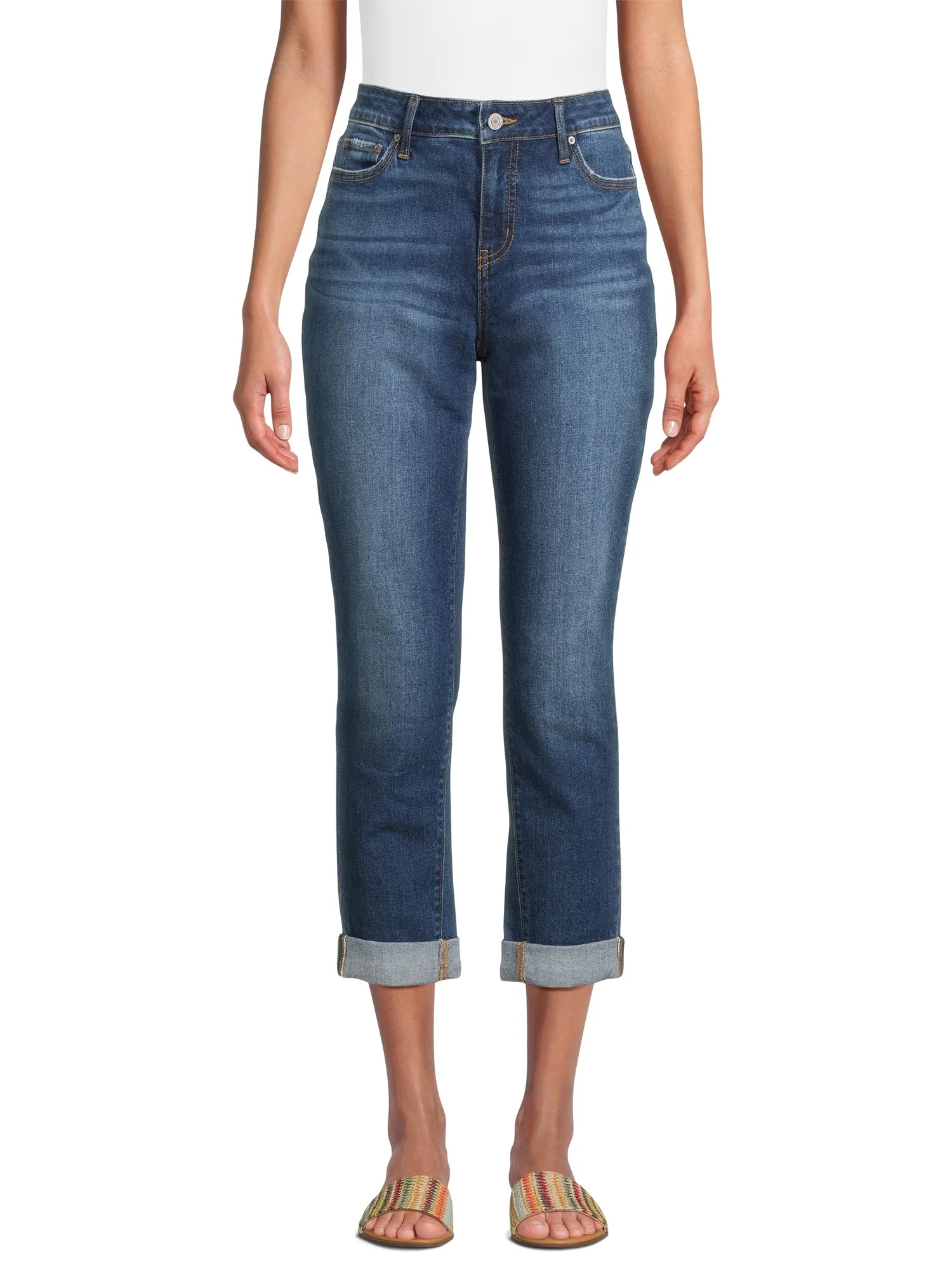 Time and Tru Women's Mid Rise Cropped Boyfriend Jeans with Rolled Cuffs, 26” Inseam, Sizes 2-20 | Walmart (US)