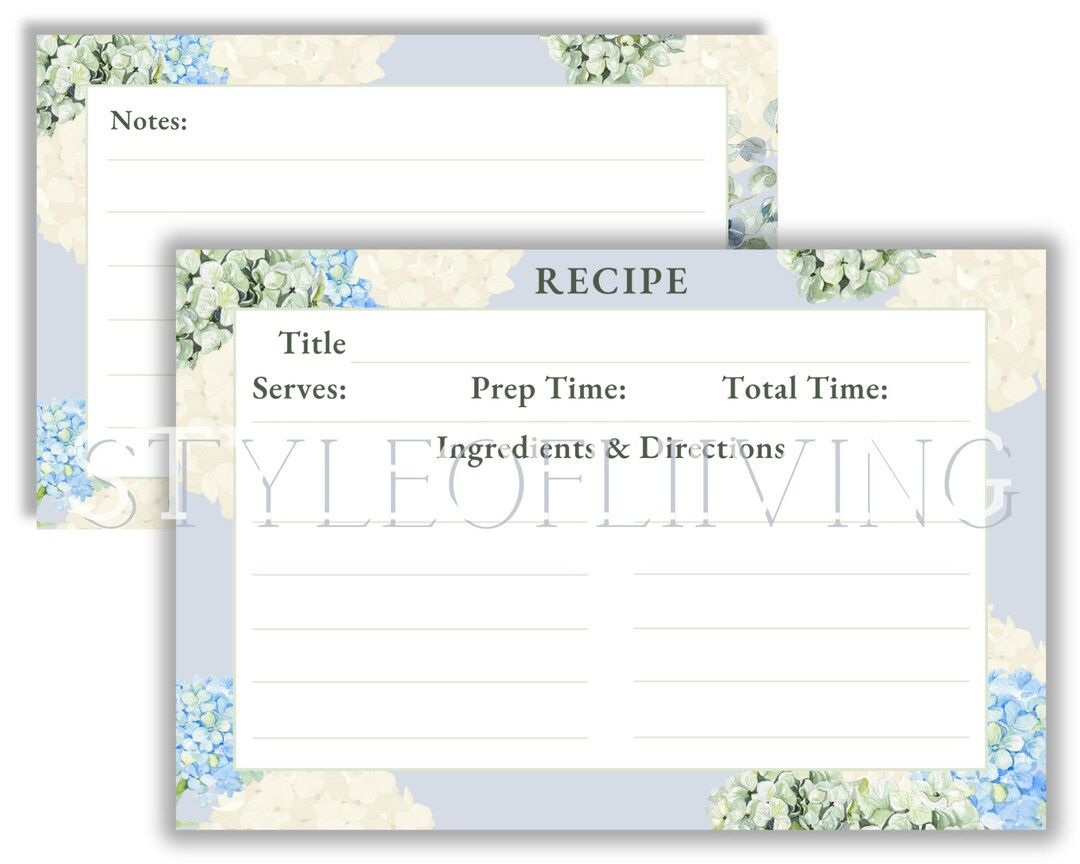 Hydrangea Blue White Printable Recipe Cards Flower Cooking Notes Downloadable Kitchen Stationery ... | Etsy (US)