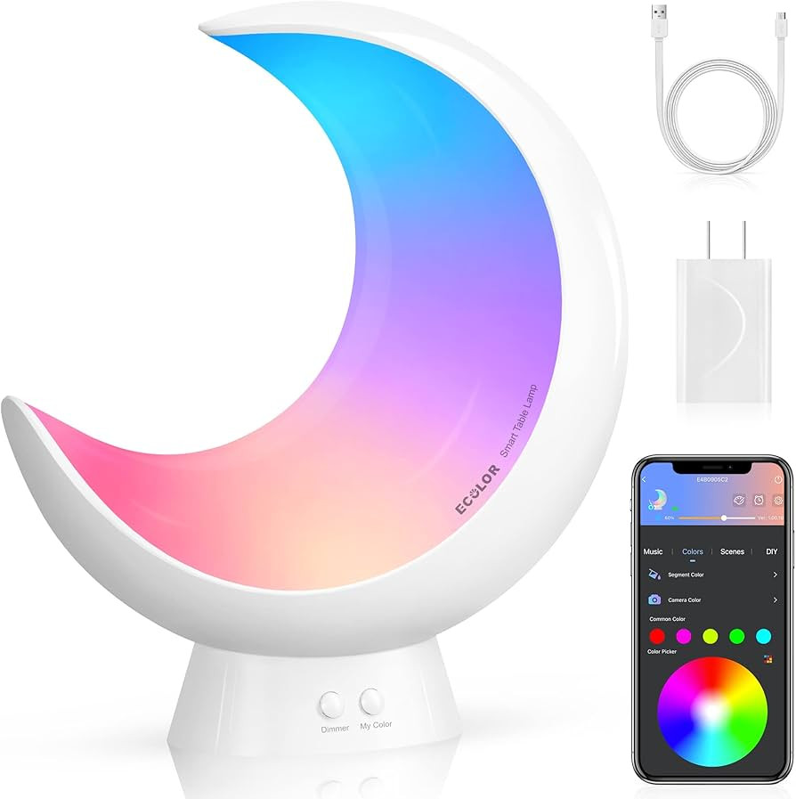 Smart Table Lamp, ECOLOR Dimmable Bedside Lamps Compatible with Alexa and Google Home, RGB Rainbo... | Amazon (US)