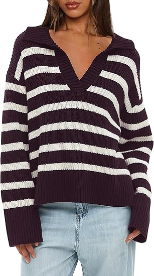 Darong Womens Oversized Sweaters Fall 2024 Fashion Clothes Polo V Neck Striped Knitted Pullover T... | Amazon (US)