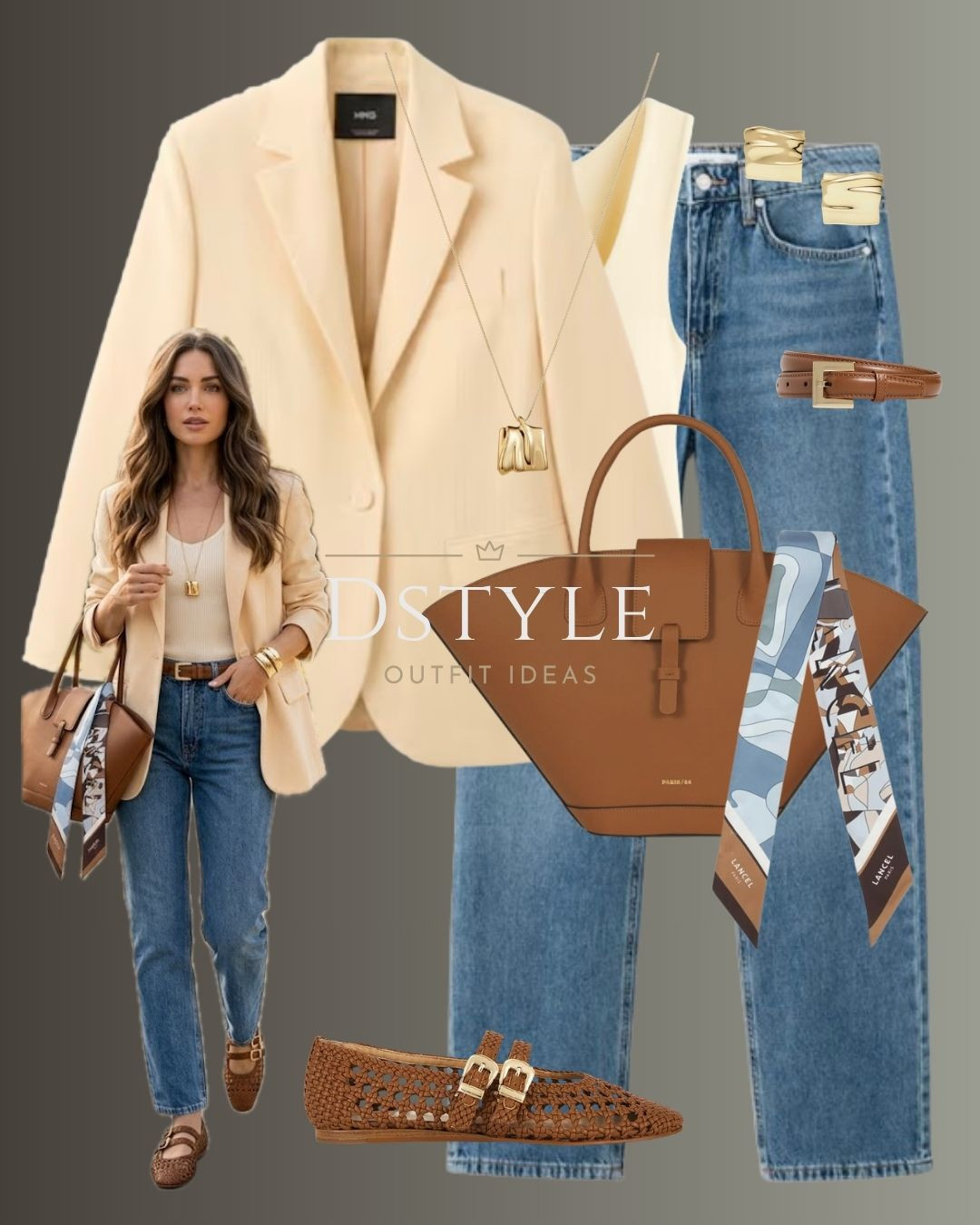 Spring Style Inspo: How to style a yellow blazer and denim. 🧥✨ This business casual look features cognac leather accessories, a silk bag scarf, and gold jewelry. Perfect for a capsule wardrobe. 

 

#LTKootd #LTKOver40 #LTKWorkwear